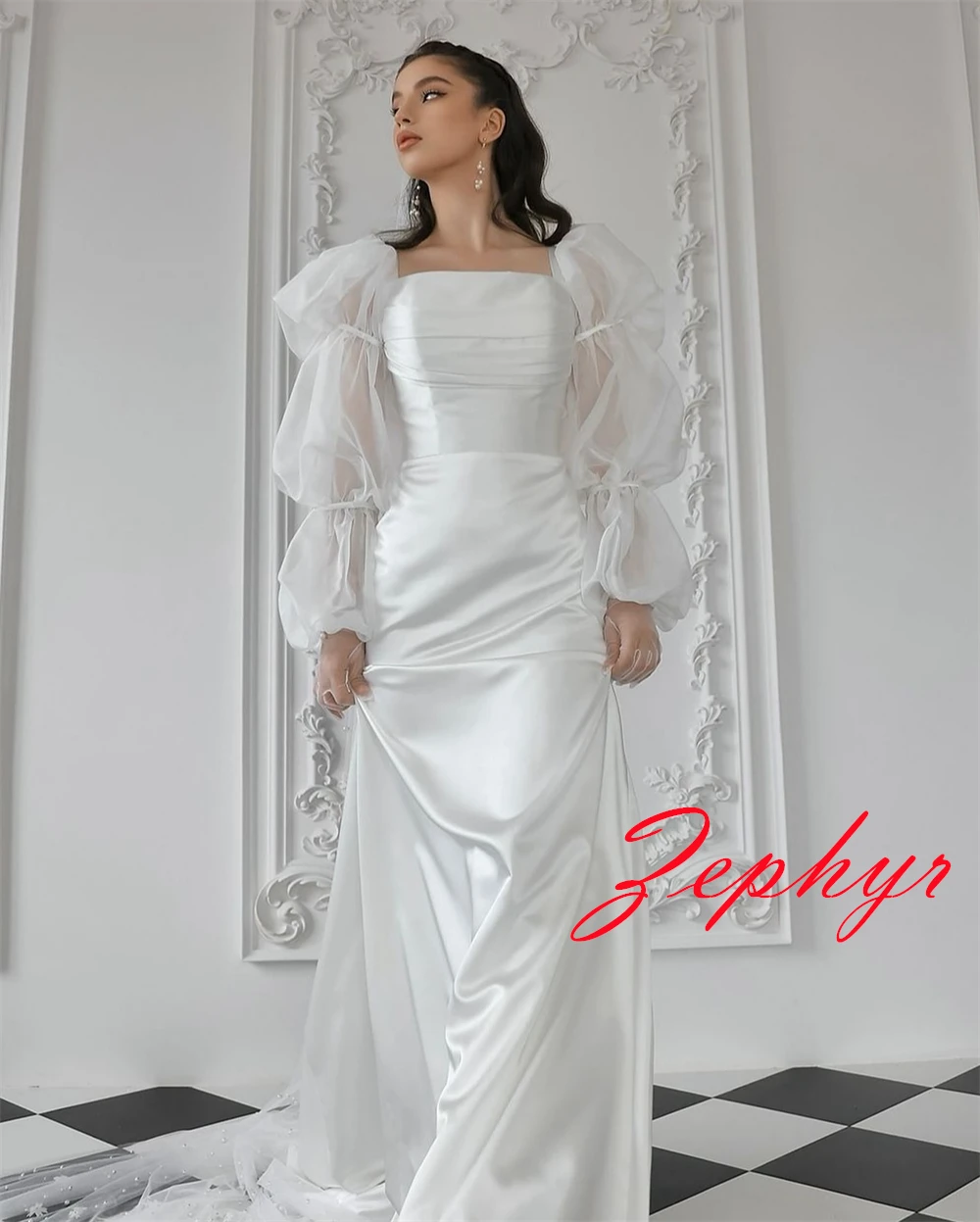 Maßgeschneidertes exquisites weißes Satin-Hochzeitskleid, eleganter quadratischer Kragen, lange Ärmel, Brautkleider, Kapellenschleppe, Meerjungfrauenkleider