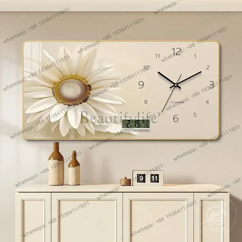 YJ Flower Wall Clock Dining Room Decorative Painting Electronic Clock Perpetual Calendar Livingroom Background Wall Clock Painti