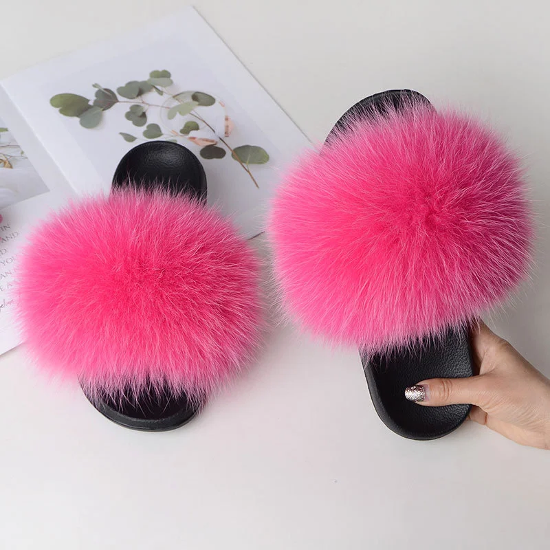 Fur Slippers For Women Summer Fluffy Comfortable Natural Plush Fox Fur Slides Flat Sandals High Quality House Shoes Flip Flops