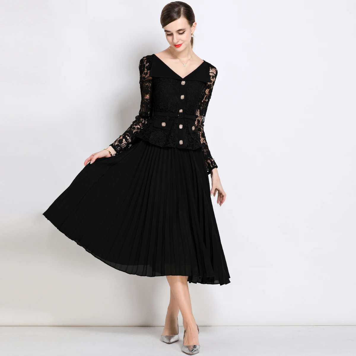 Automne piste fleur broderie dentelle Patchwork robe de bal femmes été automne à manches longues ceinture Midi longues robes de soirée