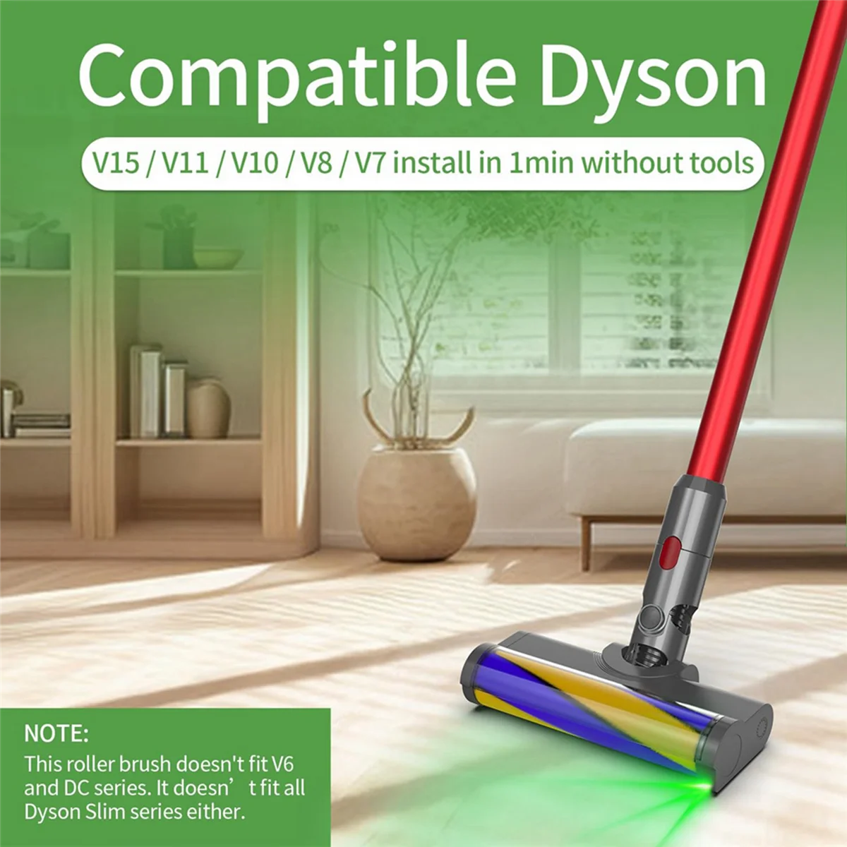 Roller Brush Power Head Replacement for Dyson V7 V8 V10 V11 V15 Vacuum Parts with Green Laser Light Floor Attachments