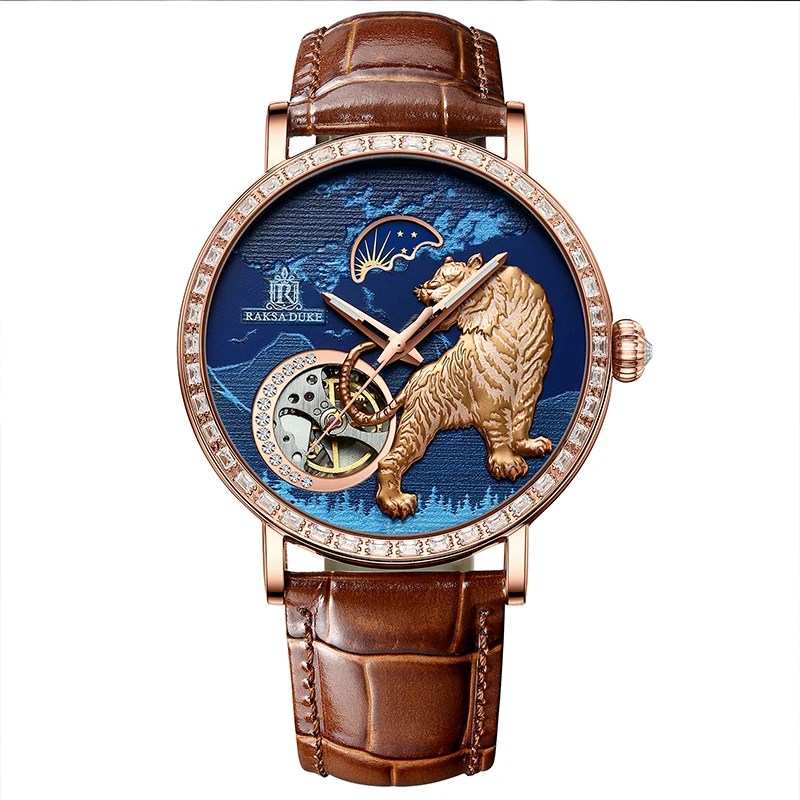 3D Carved Tiger Dial W/ Diamond Skeleton Mechanical Watches for Men Tourbillon Moonphase Automatic Men\'s Watch Reloj Hombre 2022