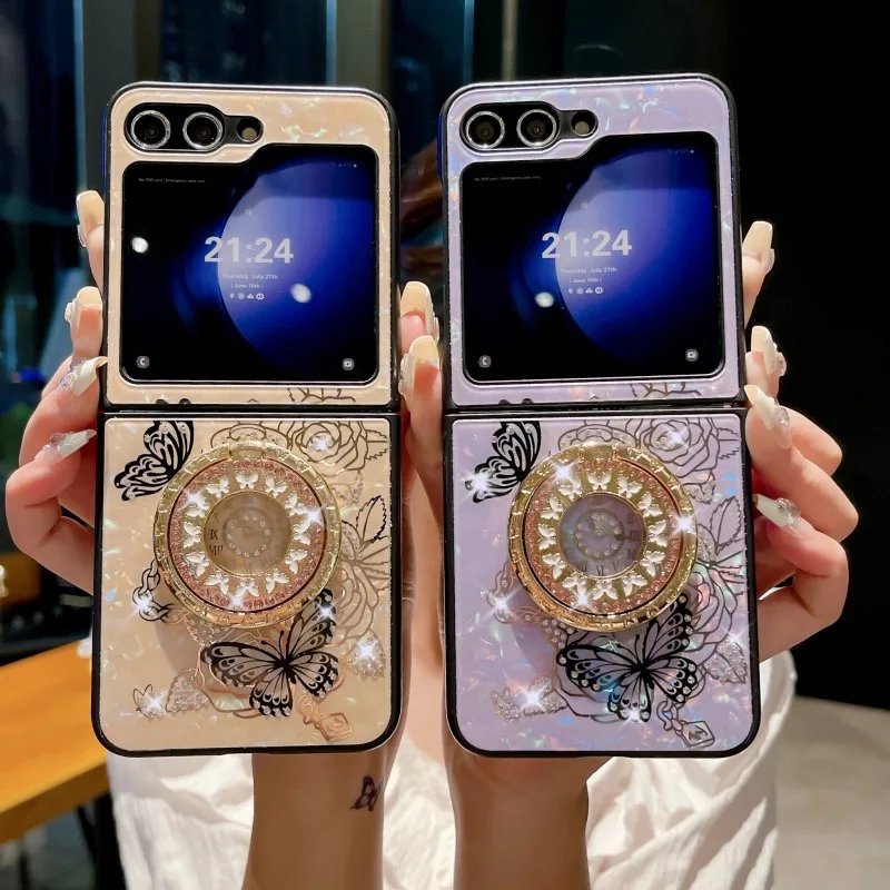 

Luxury Butterfly Phone Case for Samsung Galaxy Z Flip 5 4 3 Flip4 Flip3 5G Woman Ring Stand Back Cover