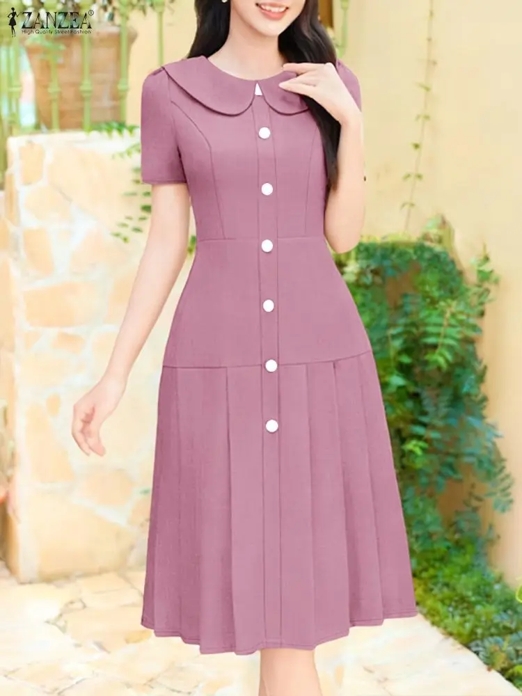 ZANZEA レディース 2025 夏服 おしゃれなラペルネック 半袖 オフィスワンピース エレガント 無地 OL 仕事着 プリーツ ミディ丈ワンピース