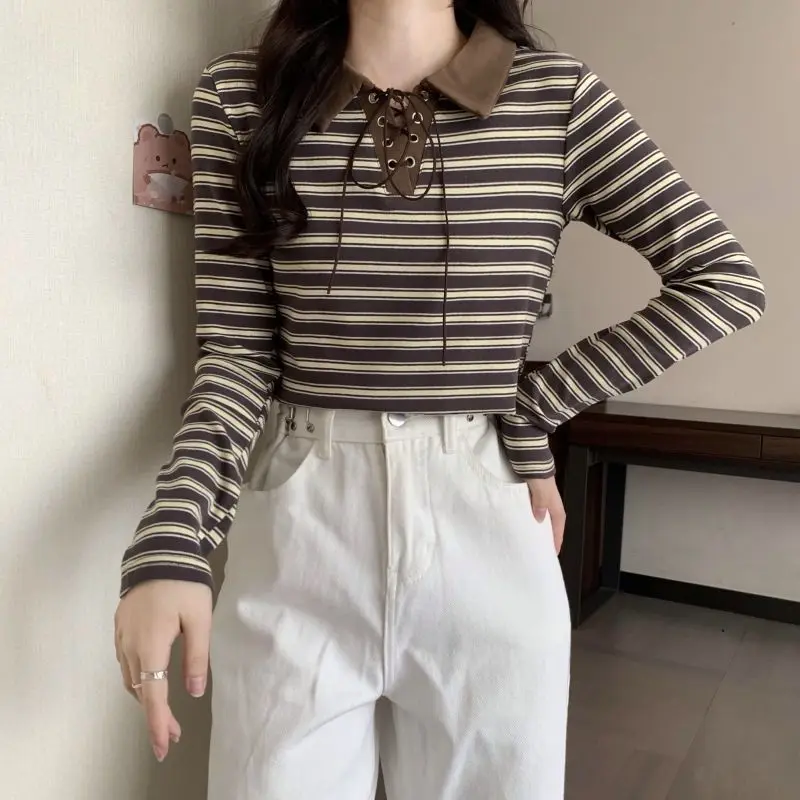 

Vintage Striped Casual Pullovers Spring Autumn Polo-Neck Fashion Drawstring Women's Clothing Contrasting Colors Spliced T-shirt