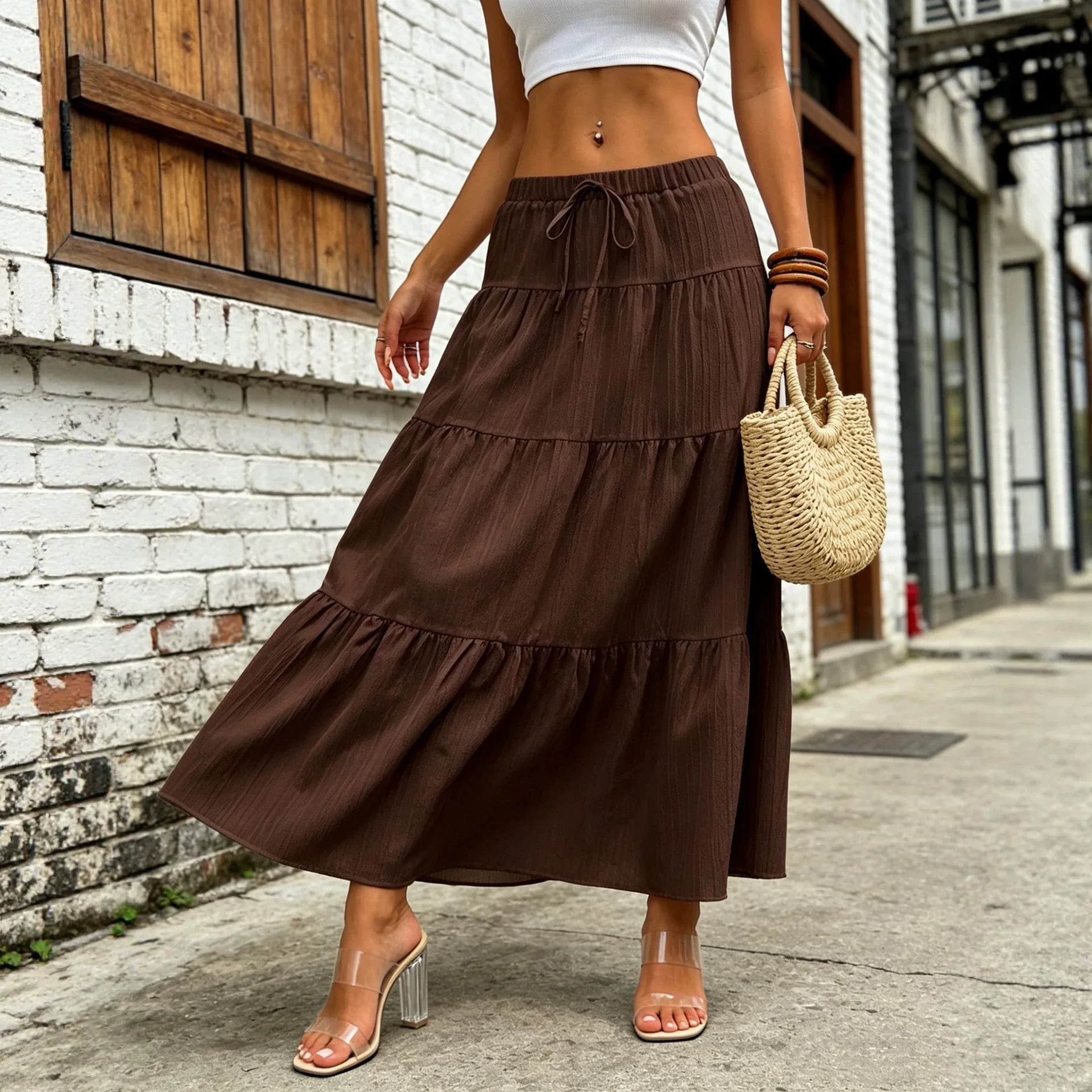 UNITIM Plus Size Summer Women's Half Length Skirt Tie-strap Spliced Flared Skirts Female Street Casual Loose Spliced Maxi Dress