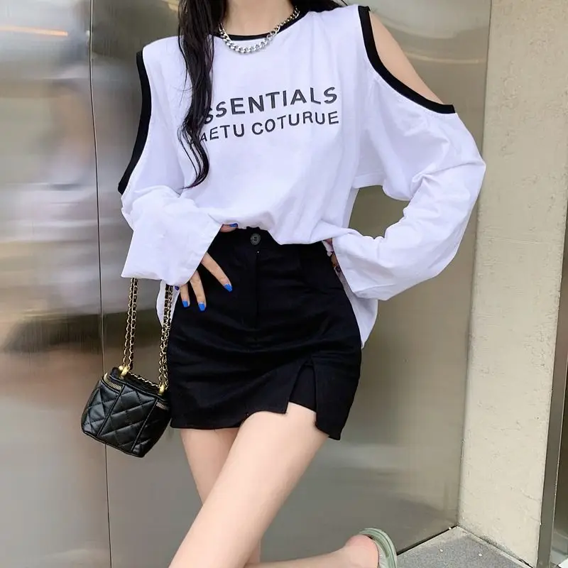 Summer New Plus Size Off Shoulder Thin T Shirts Solid Long Sleeve Letter Printing Loose Fashion Tops Trend Casual Women Clothing