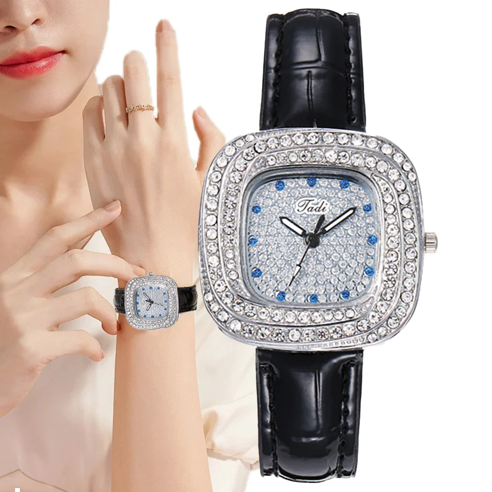 

Luxury 2024 New Square Simple Full Star Diamonds Ladies Quartz Watch Business Black Dress Leather Clock Women's Wristwatch