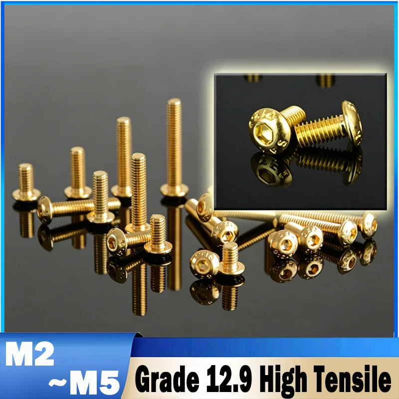 5/10pcs Grade 12.9 Titanium-plated Gold Semicircular-head Hex Socket Screw M2 M2.5 M3 M4 M5 Pan Socket Cap Bolt Length 4mm~35mm