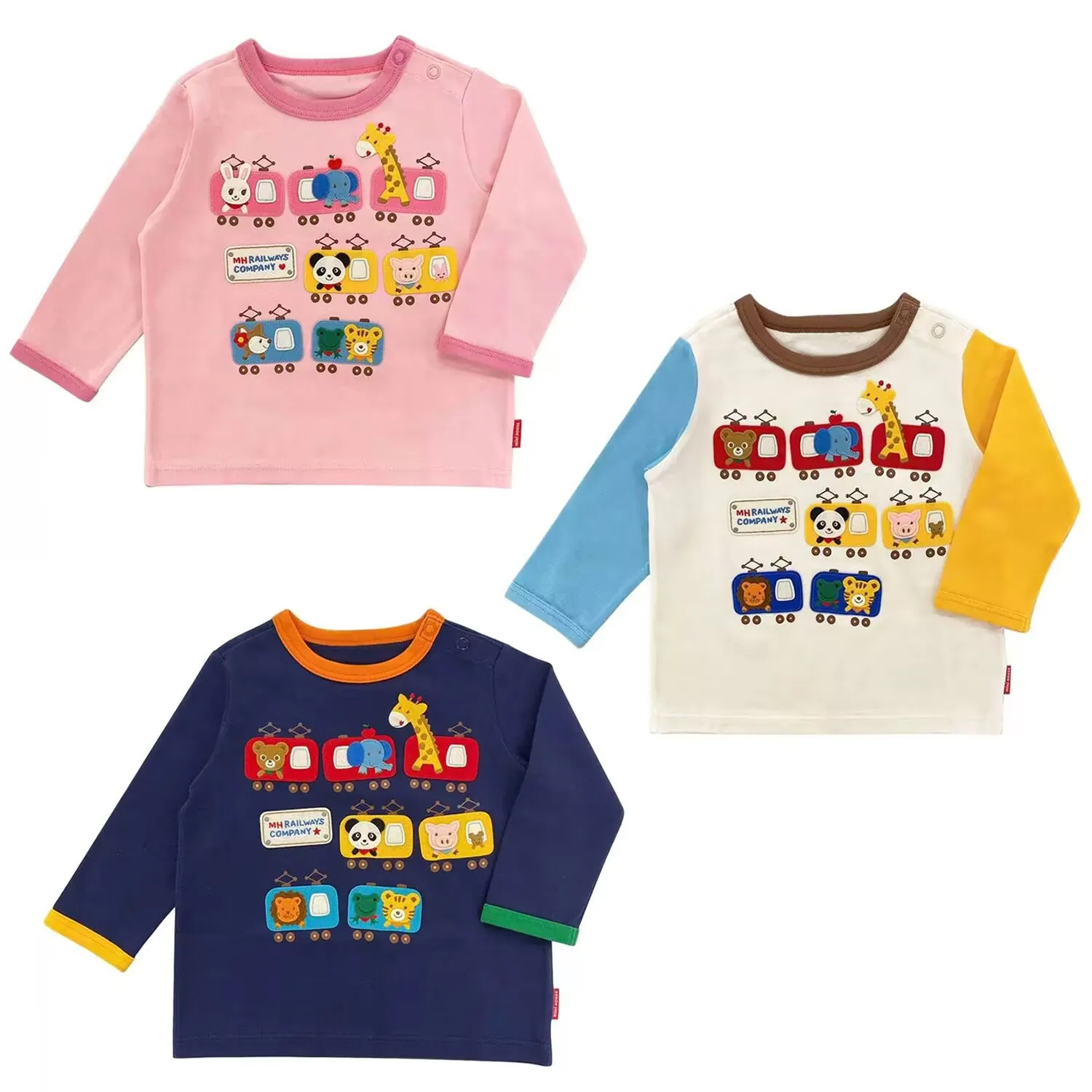 

Japanese Korean Miki Kids Top Cute Cartoon Animal Train Patch Long Sleeve T-shirt for Boys Girls Soft High Quality Combed Cotton