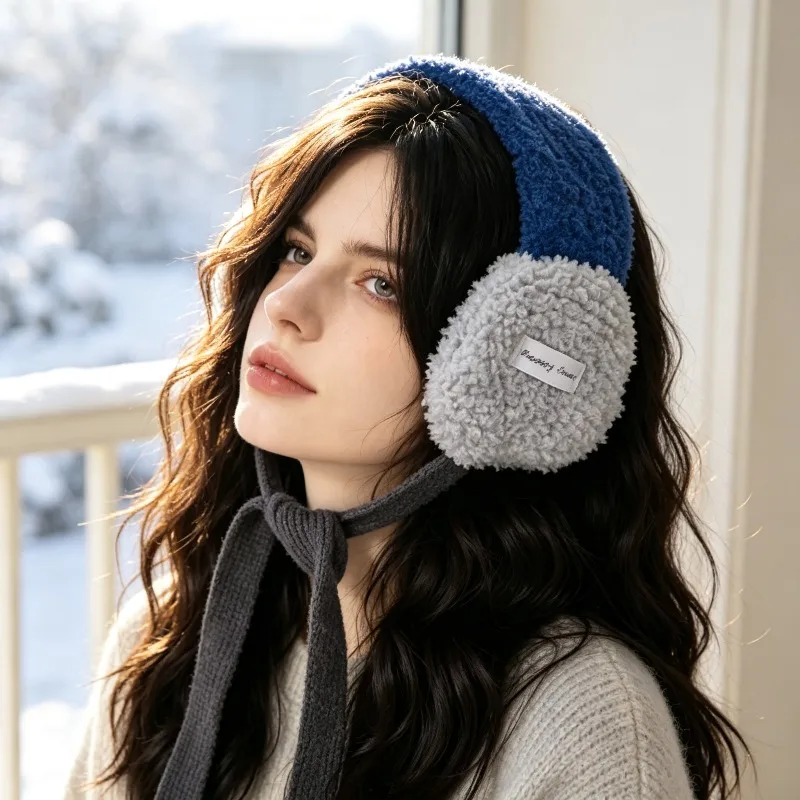 Women Blue Plush Thickened Ear Muffs Winter Windproof Cold‑Proof Ear Covers For Cycling
