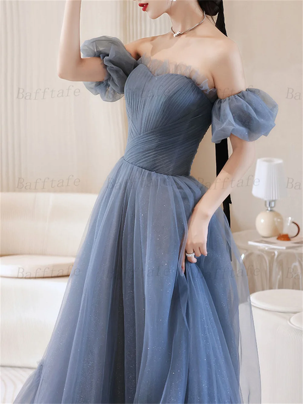 Bafftafe Customized Shiny Tulle A Line Prom Dresses Korea Removable Short Sleeves Pleats Corset Back Formal Party Evening Gowns