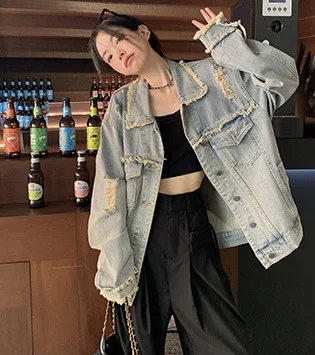 Damska kurtka dżinsowa w stylu retro, na wiosnę i jesień, luźna, uniwersalna, z postrzępionym dołem, oryginalny design, zapinana na zamek.