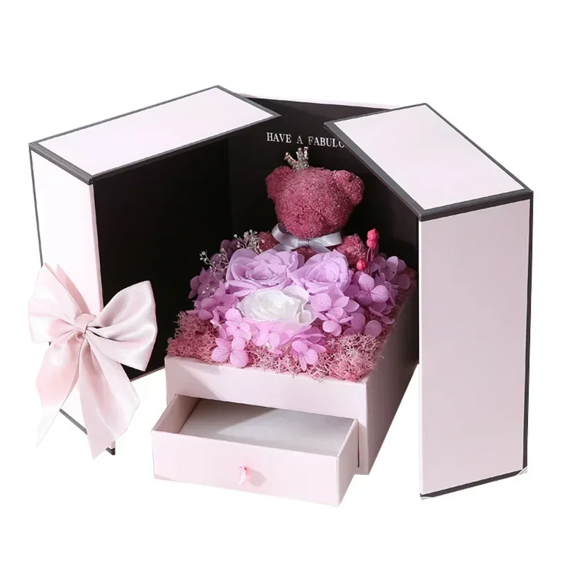 Creative Valentine\'s Day Bear Eternal Flower Gift Box Double Door Rose Necklace Jewelry Box Christmas Gift Lipstick Gift Box