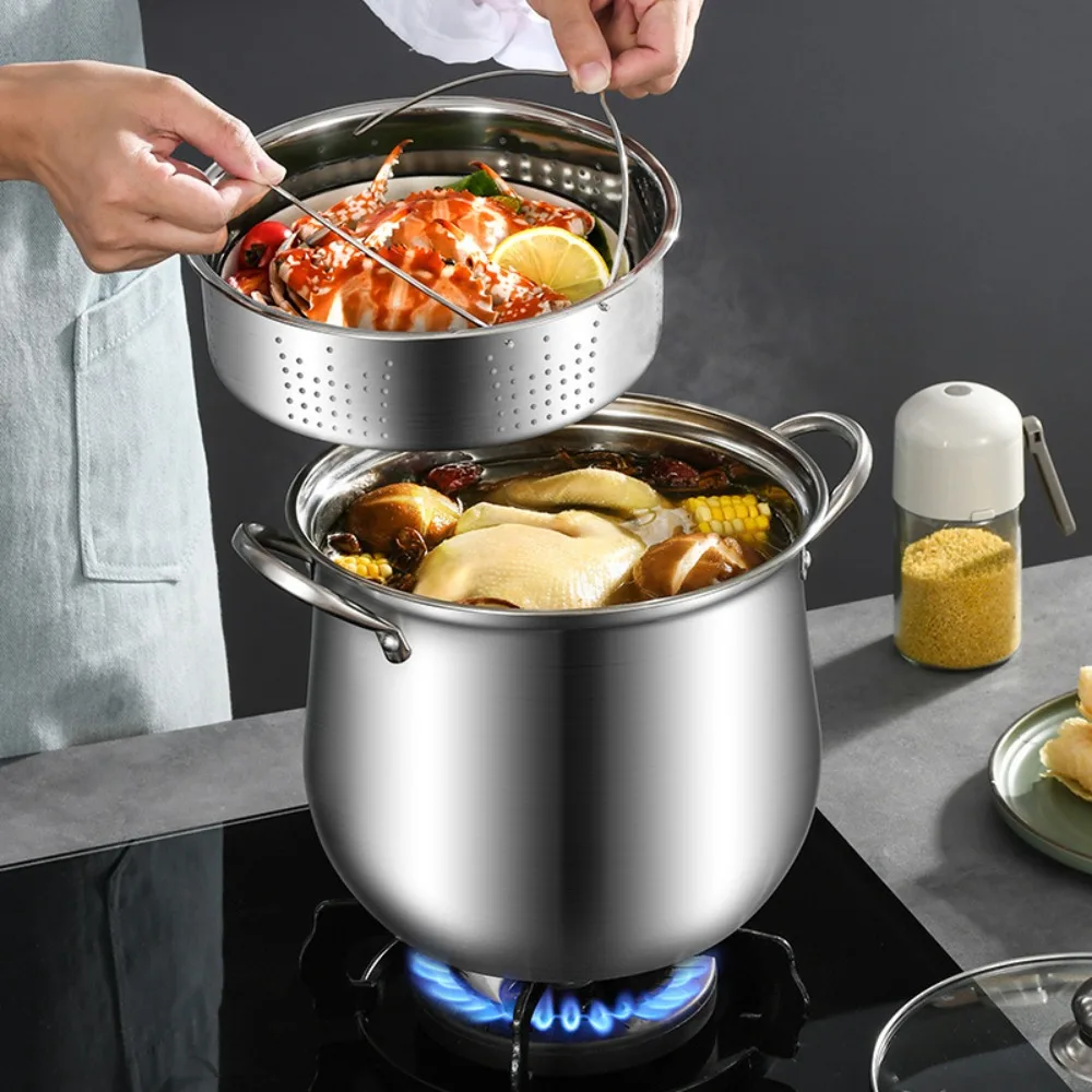 Large Capacity Stock Pot Anti-scalding Handle Stainless Steel Soup Pot Thickened Visible Pot Lid Cooking Pot Restaurants