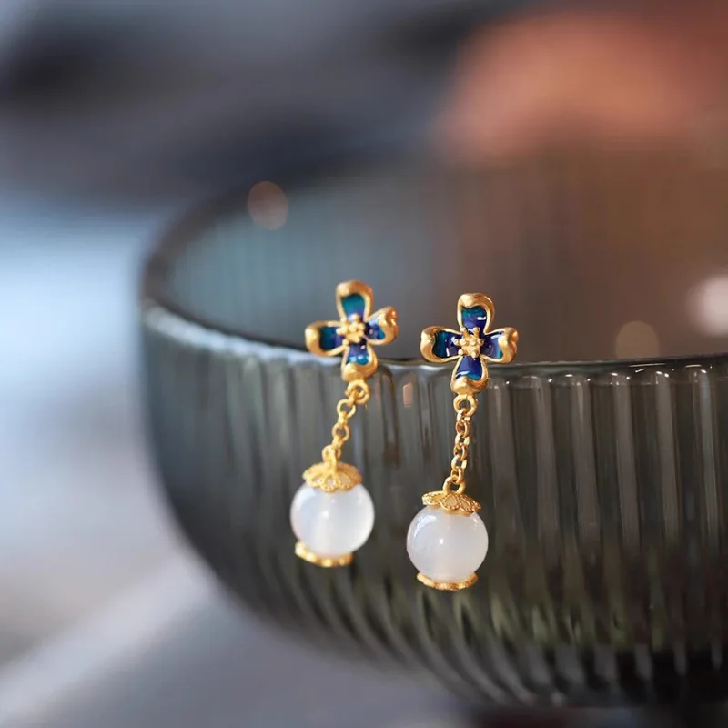 

China Jingtai Blue Hetian Jade Flower Stud Earrings Women's Fashion Exquisite Versatile Premium 925 Sterling Silver Needle