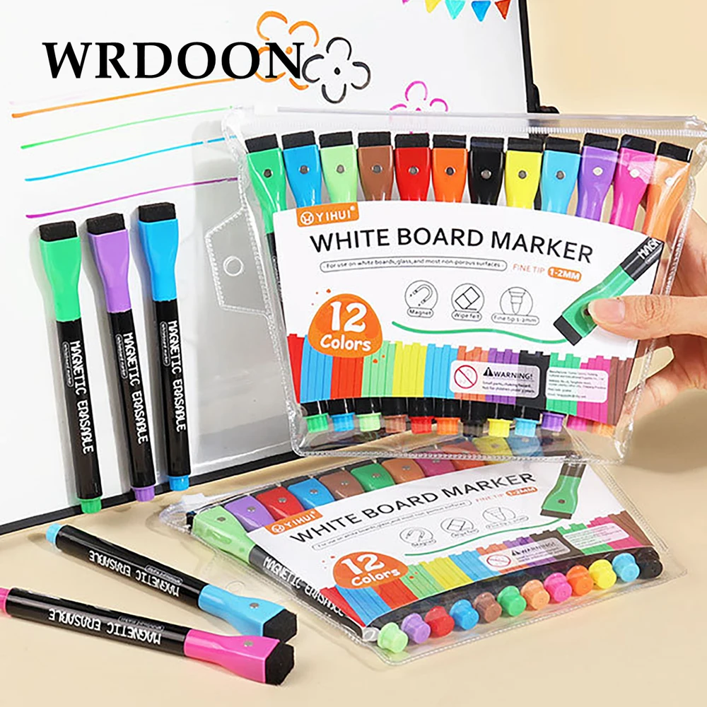 12pcs Magnetic Erasable Markers Dry Erase Highlighter Pen Calendar Planning Board Whiteboard Window Marking Fridge pen