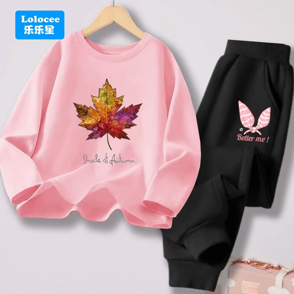 3-14 alter Gedruckt Maple Leaf Mode Kinder Langarm Set Lose Cartoon Trainingsanzüge Baby Mädchen T-shirt Hosen 2 teile/satz FY1