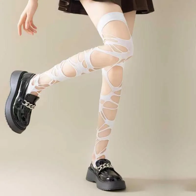 Broken Hole Sexy Stockings Black Thin Pantyhose Punk Gothic Irregular Y2K Socks Women Over Knee Leggings Tight Pantyhose