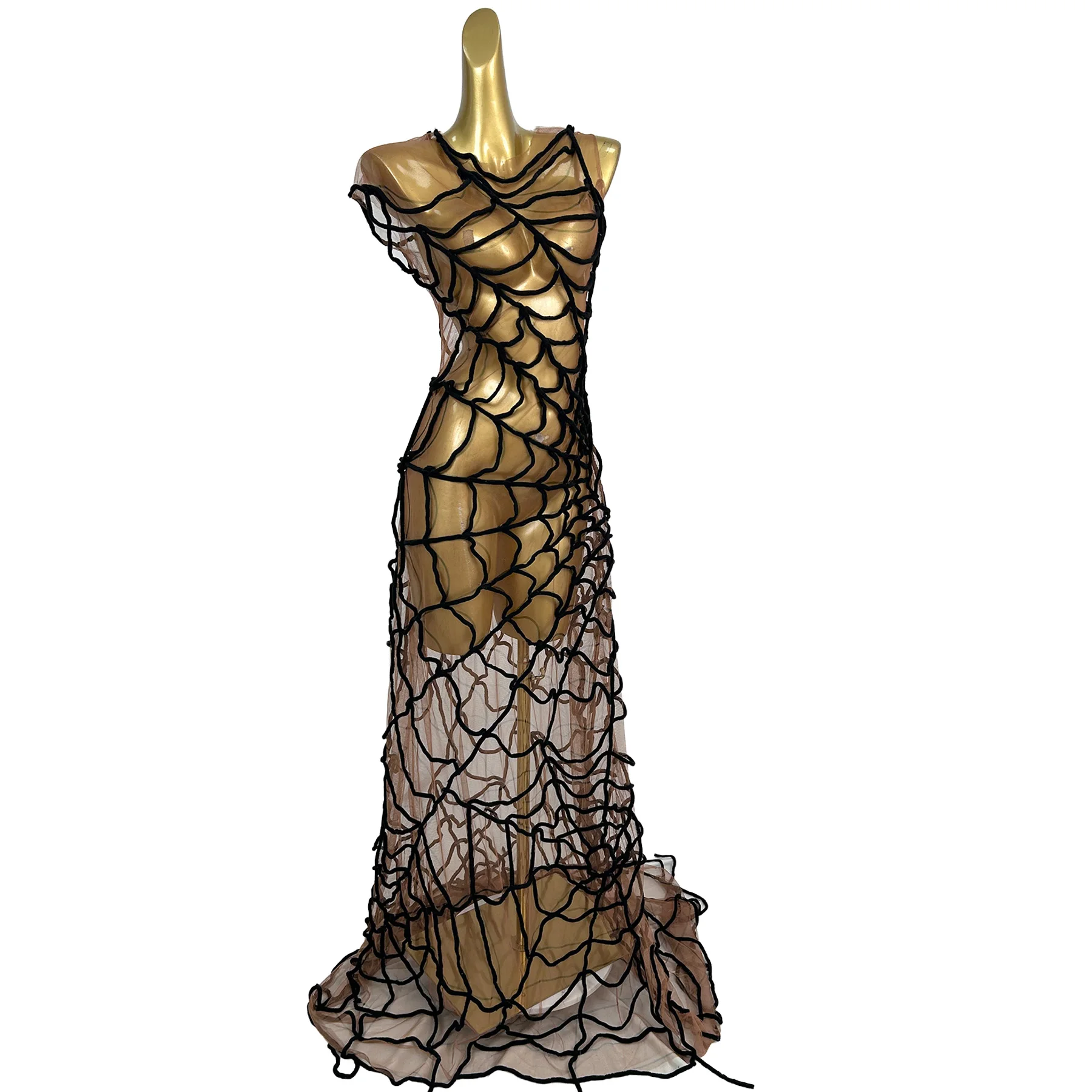 Sexy Mesh See Through Spider Web Evening Party Long Dress Women Ball Gown Prom Mermaid Dress Club Stage Show Stripper Outfits