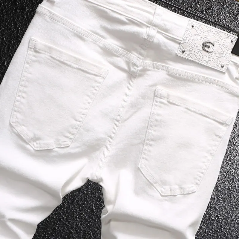 Y2K designer fashionable men's jeans, high-quality retro elastic slim fit ripple washed white jeans, men's retro straight leg pa
