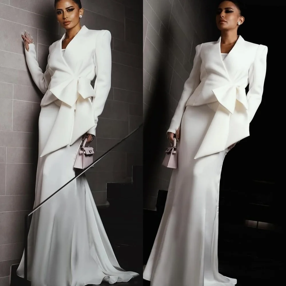

Customized Temperament White Satin Evening Dress Exquisite V-Neck Long Sleeves Bow Mermaid Sweep Train Special Occasion Gowns