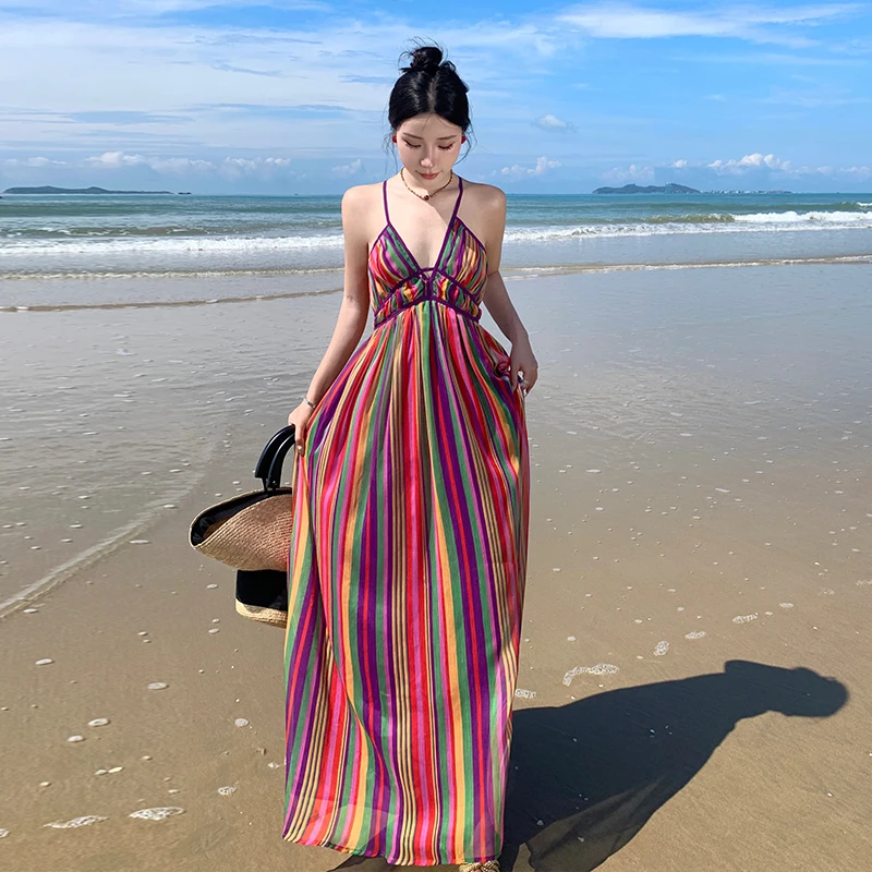 

2024 Summer New Vintage Striped Printed Backless Maxi Dress Women V Neck Sleeveless Floor Length Bohe Ddress Beach Holiday Robe