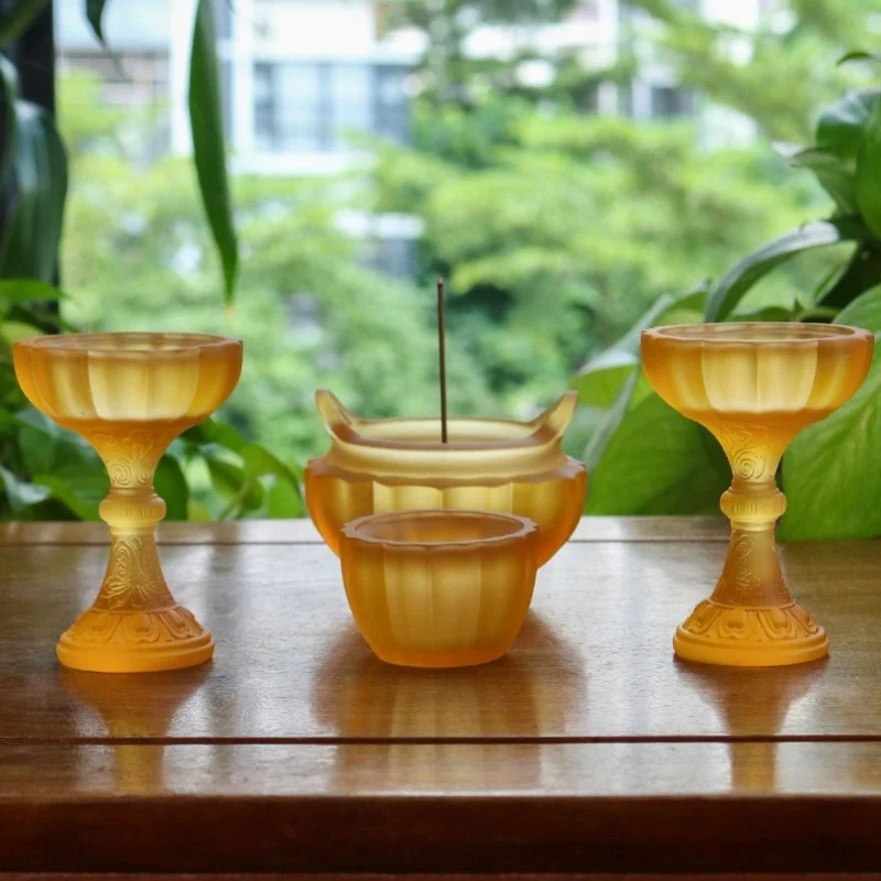 Traditional Glazed Lotus Incense Burner Candle Holder Holy Water Offering Cup Complete Set of Buddhist Altar Su