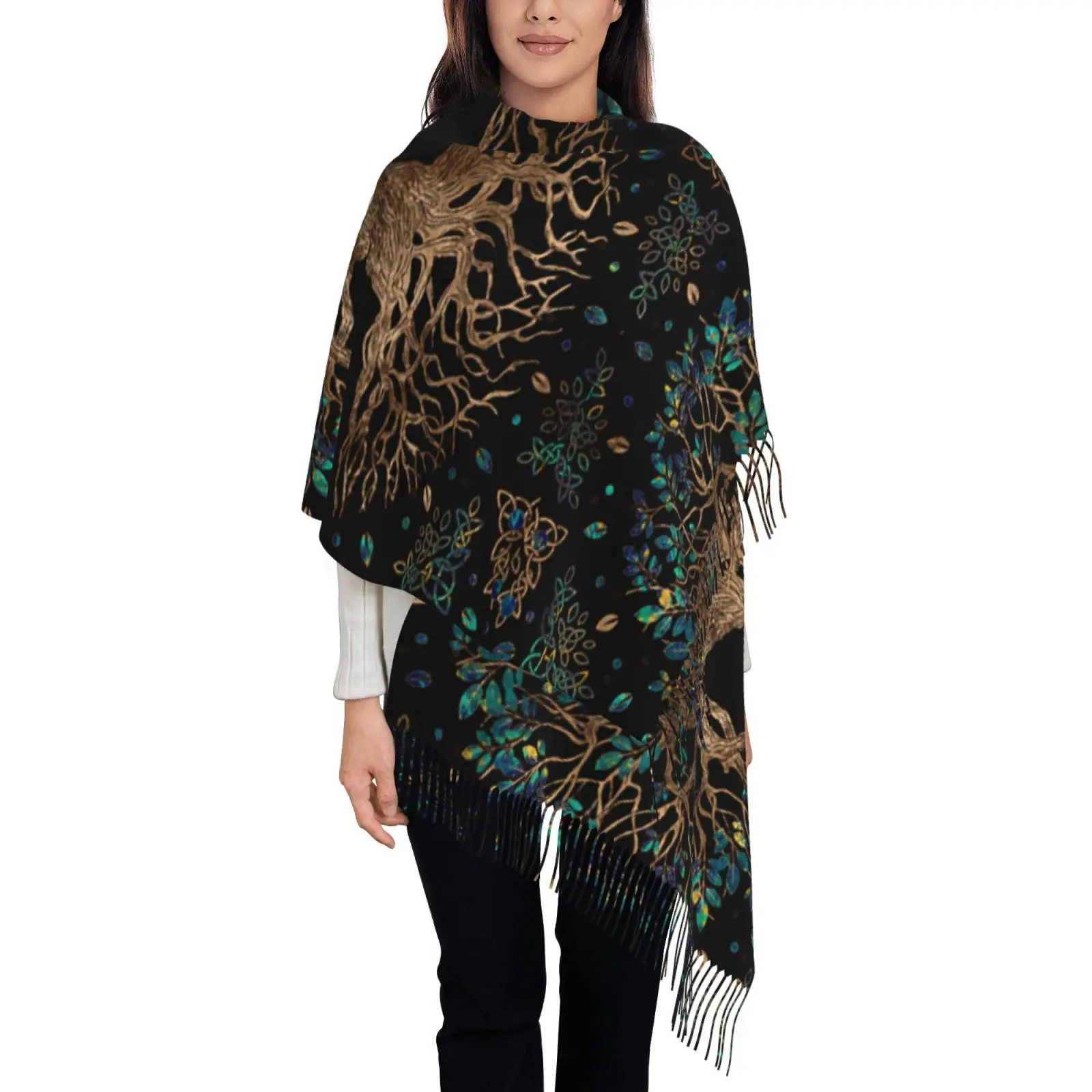 Mystical Tree of Life Celtic Print Tassel Scarf for Women, Soft Thick Winter Warm Shawl Wrap, Boho Botanical Outerwear