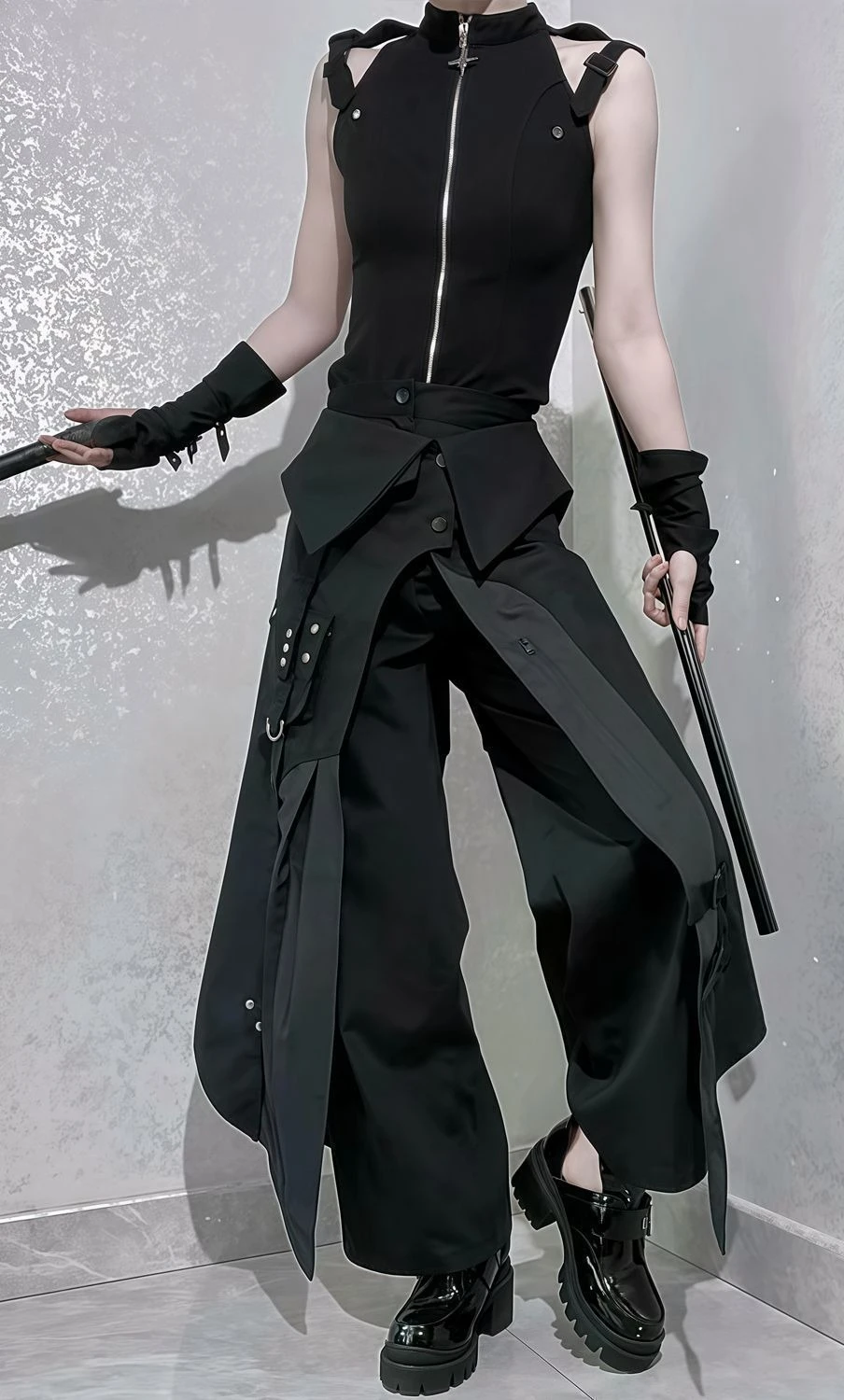 Dark Subculture Y2k Gothic Cool Slim Fit Sleeveless Zipper Black Vest Top Irregular Wide Leg Pant Cosplay Personality Suit Women