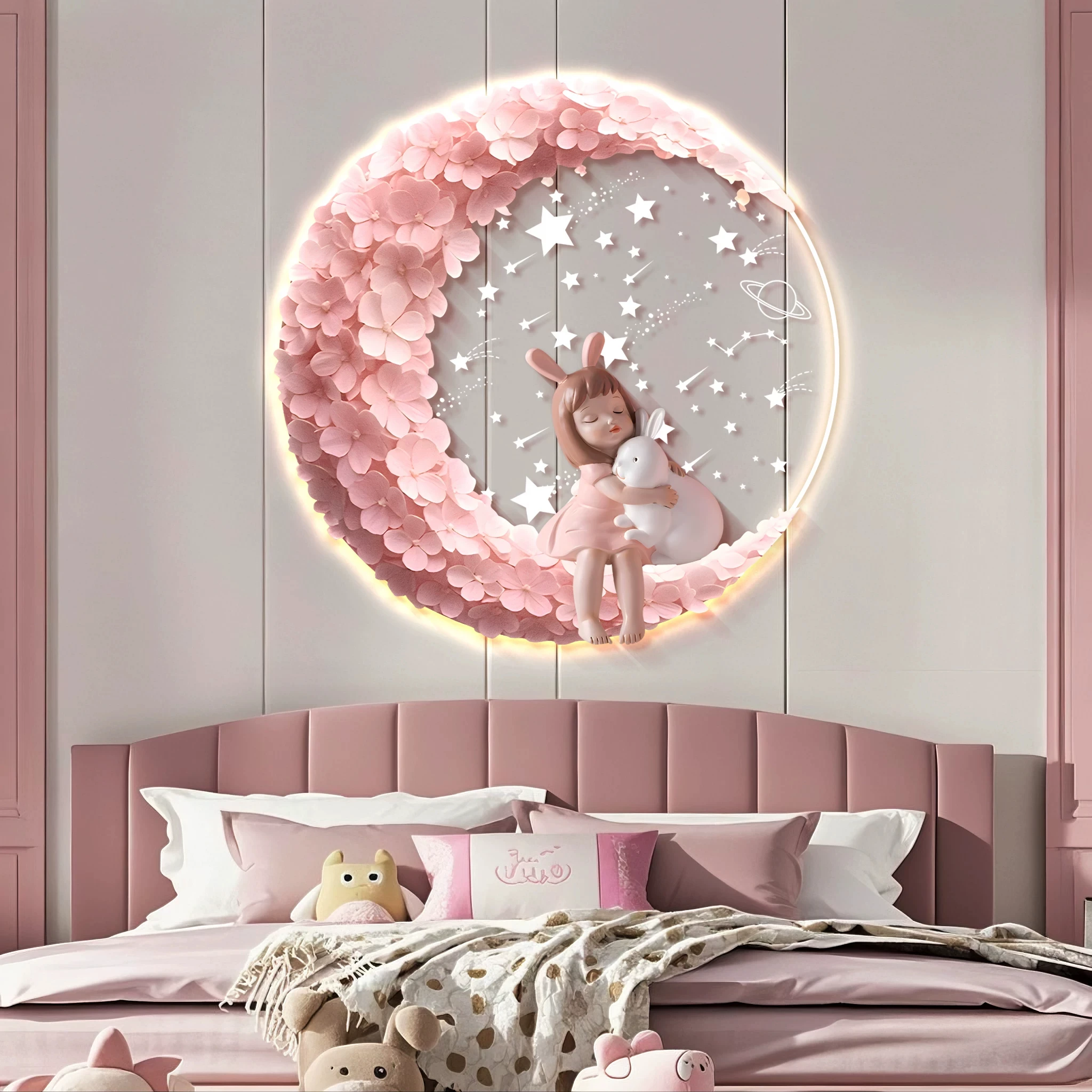 Cream Wind Children's Room Decoration Painting Pink Premium Girl Princess Bedhead Hanging Painting LED Light Warm Mural