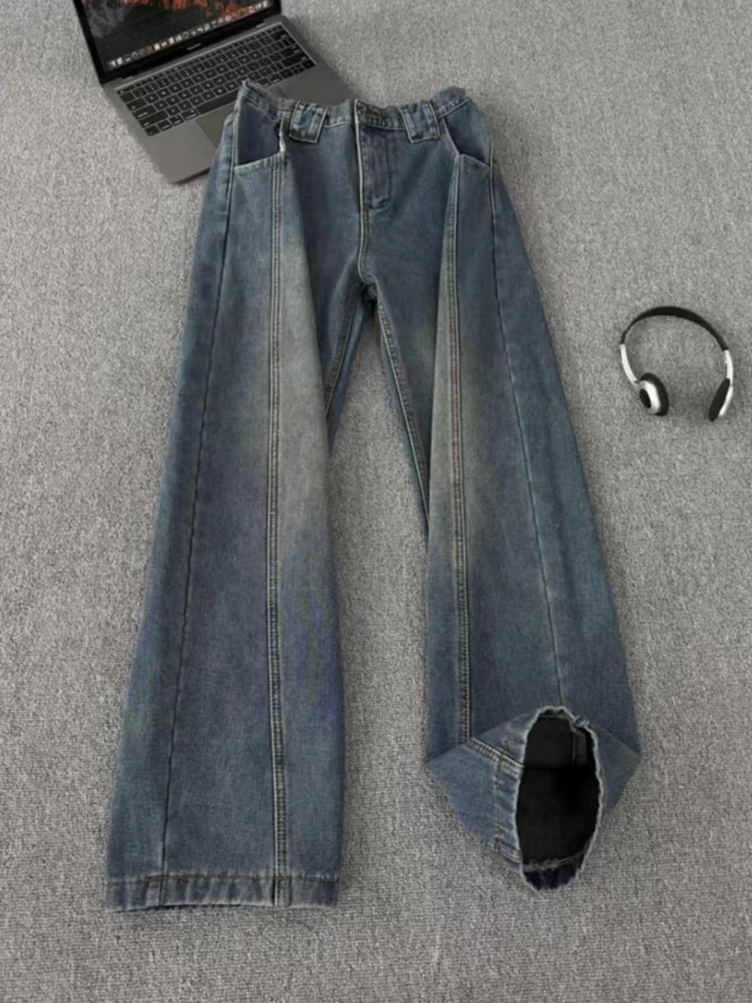 

Американские ретро-джинсы синего цвета с косым кроем, модель 2026 года, весенняя новинка, универсальные широкие брюки, плотные рабочие джинсы