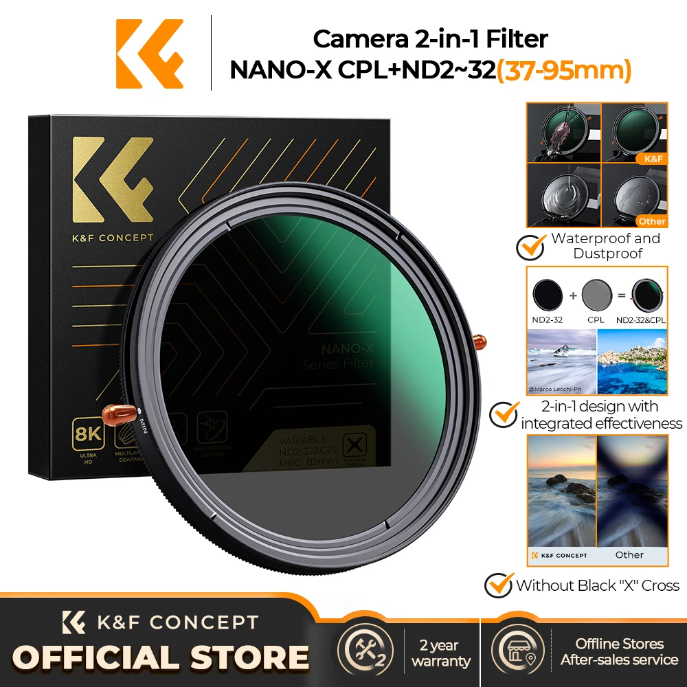 K&F Concept ND2-ND32 ND CPL Filter lens adjustable Circular Polarizing  Filter 2 in 1 Variable 49mm 52mm 58mm 62mm 67mm 77mm