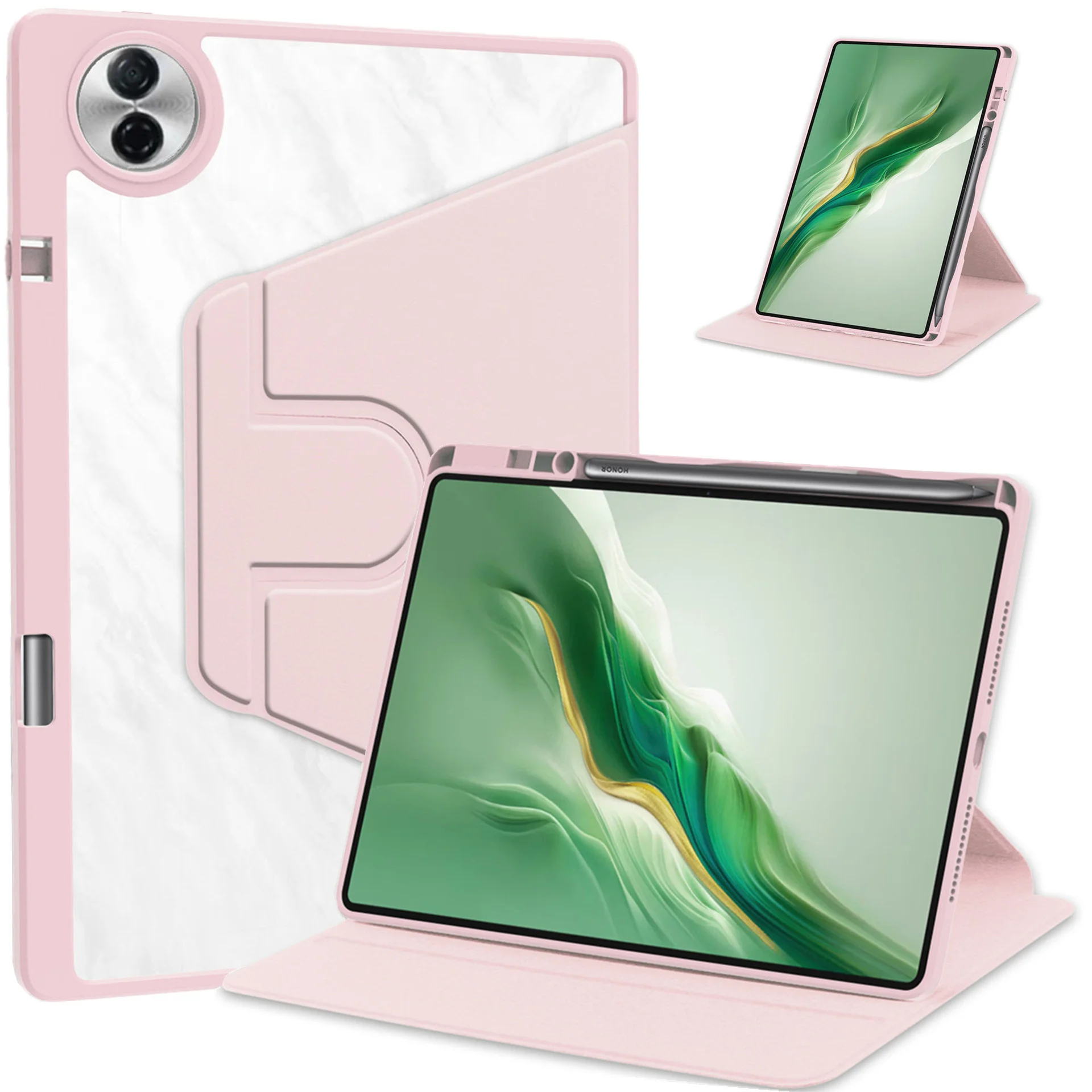 For Honor Pad 10 Case Rotating Stand PU Leather + TPU + Acrylic with Pencil Holder - Pink