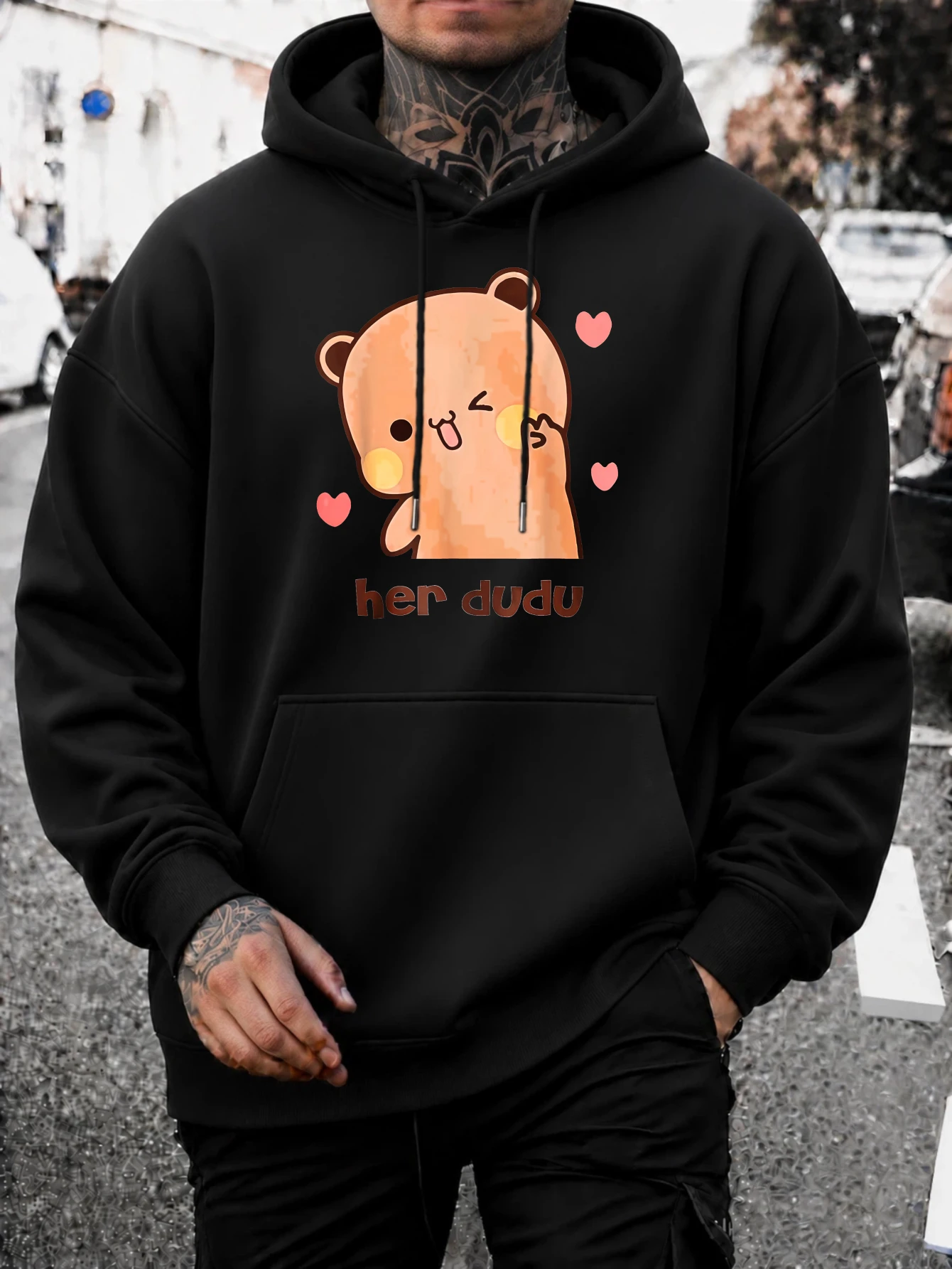 Men's Hoodie Valentine's Day Cute Bear and Bubble Text Pullover Sweatshirt Casual Street Style Autumn/Winter Daily Wear Front Pocket Drawstring Hood