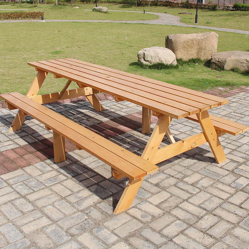 Antiseptic wood outdoor one-piece table and chair combination with umbrella outdoor park courtyard open-air terrace solid wood o