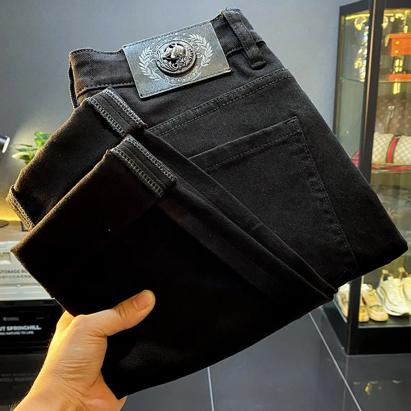 Jeans preto puro masculino, elástico, slim fit, magro, casual, jeans high-end, calça comprida, moda luxo acessível, outono, novo, 2022