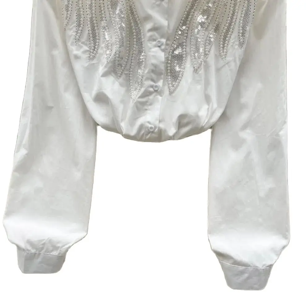 Women Shirt Sequines Beading Wing Chiffon Turn-down Collar Lapel Blouse Casual Autumn Spring Long Sleeve Top
