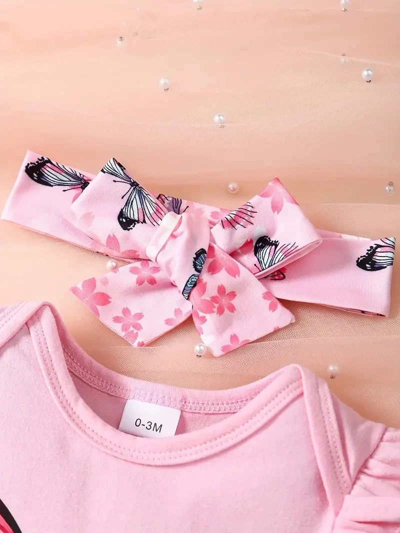 Baby Girl Butterfly Print Macacão, Shorts, Headband Set, 3 pcs