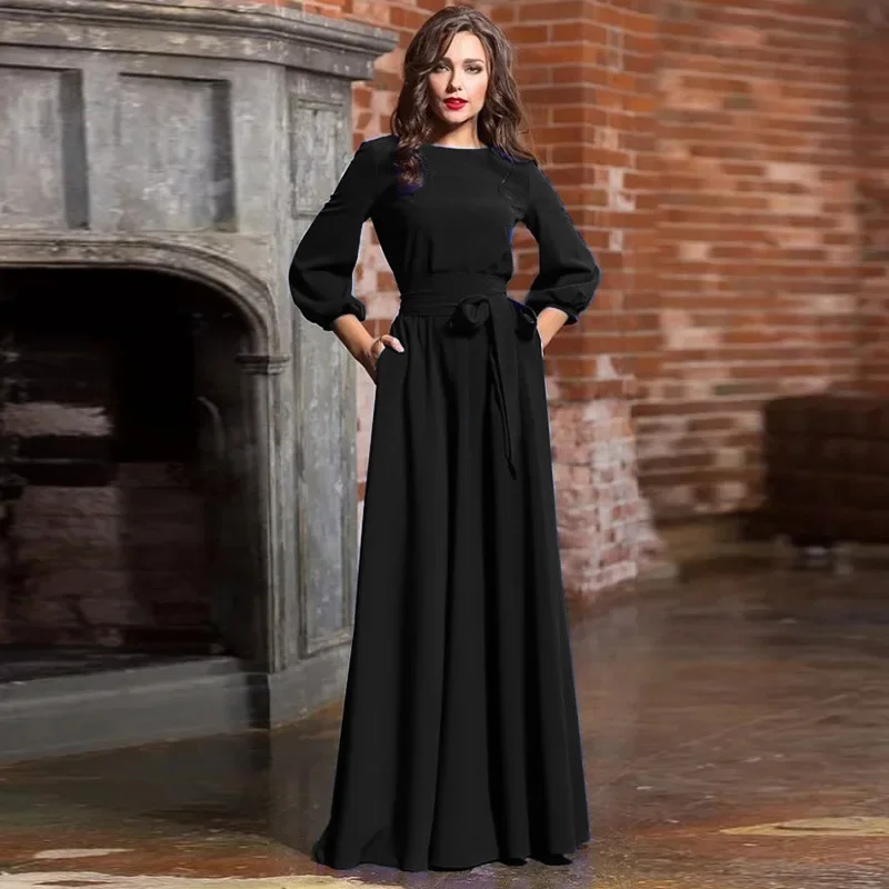 Medeival Kobiety jesień zima Lantern Half Sleeve Round Neck Maxi Dress Vintage Black Vestidos Party Evening Long Dress RZ8