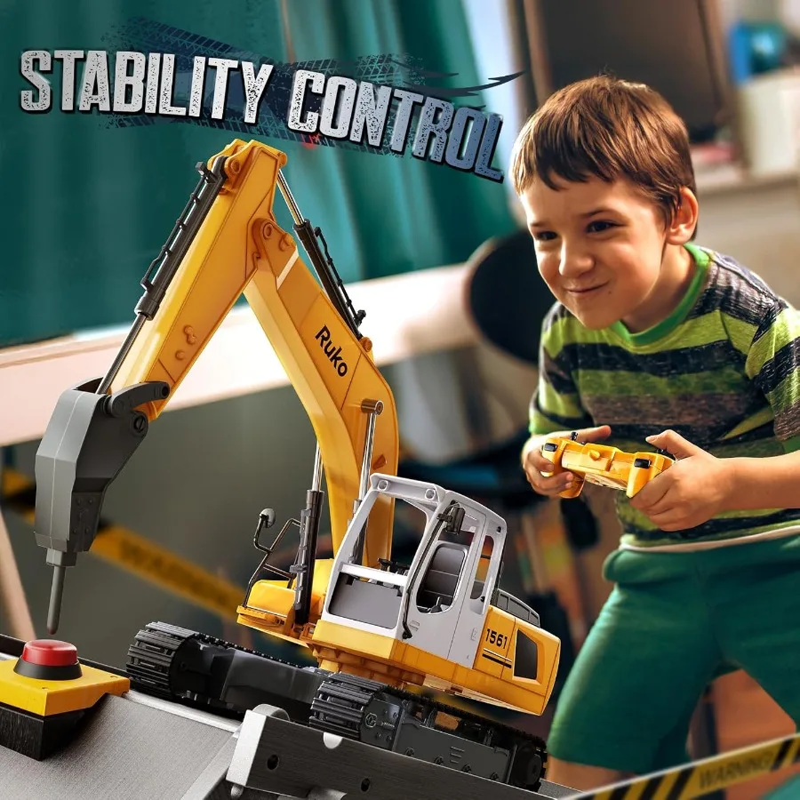 Excavator 3 in 1 Construction Toys for Boys, 17 Channel Remote Control Vehicles with Grab Alloy Shovel Drill, Realistic Lights &