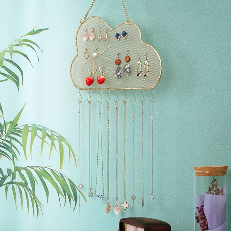 Colgador de pared de malla de Metal con ganchos, colgante con forma de nube y gato para joyería, pendientes, collar, pulsera, organizador, estante