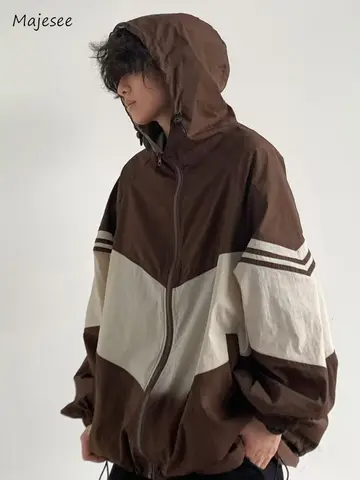 남성 자켓 후드 헐렁한 패치 워크 대비 색상 패션 편안한 방수 레저 데일리 레트로 외부 일본식 시크