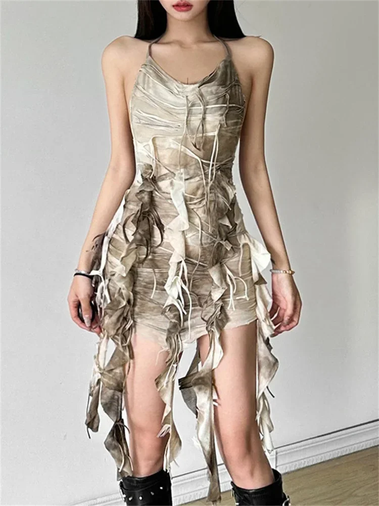 Splendide donne Hipster nappa increspato fasciatura senza schienale abiti femminili Y2K Summer Party Street Robe