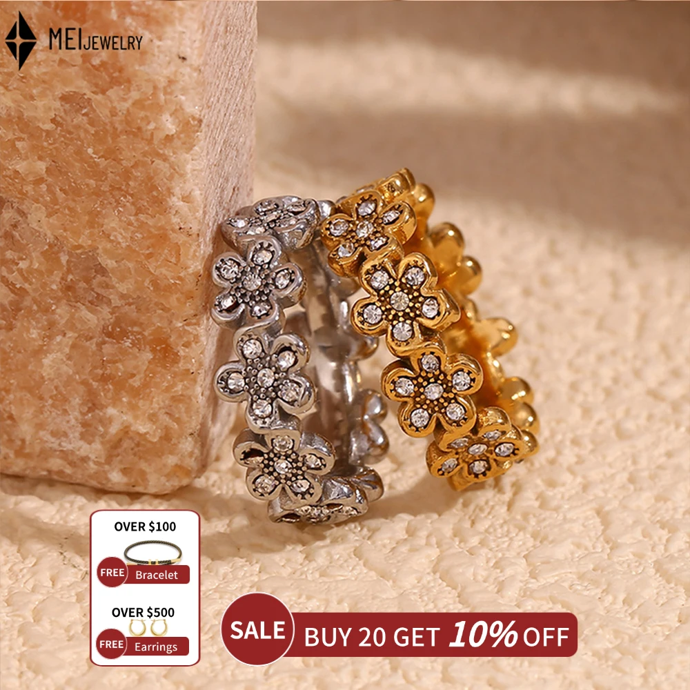 Fashion Niche Retro Design Stainless Steel Flower Cubic Zirconia Micro Inlaid Daisy Ring for Women ﻿