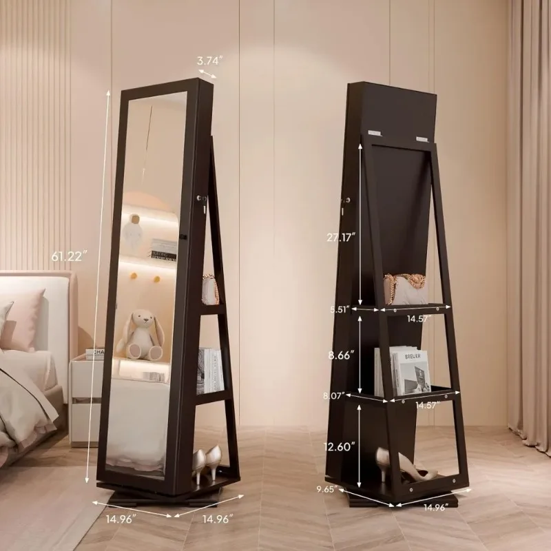 360° Swivel Jewelry Mirror Cabinet with Inside Makeup Mirror,Full Length Mirror with Jewelry Storage, Lockable Standing
