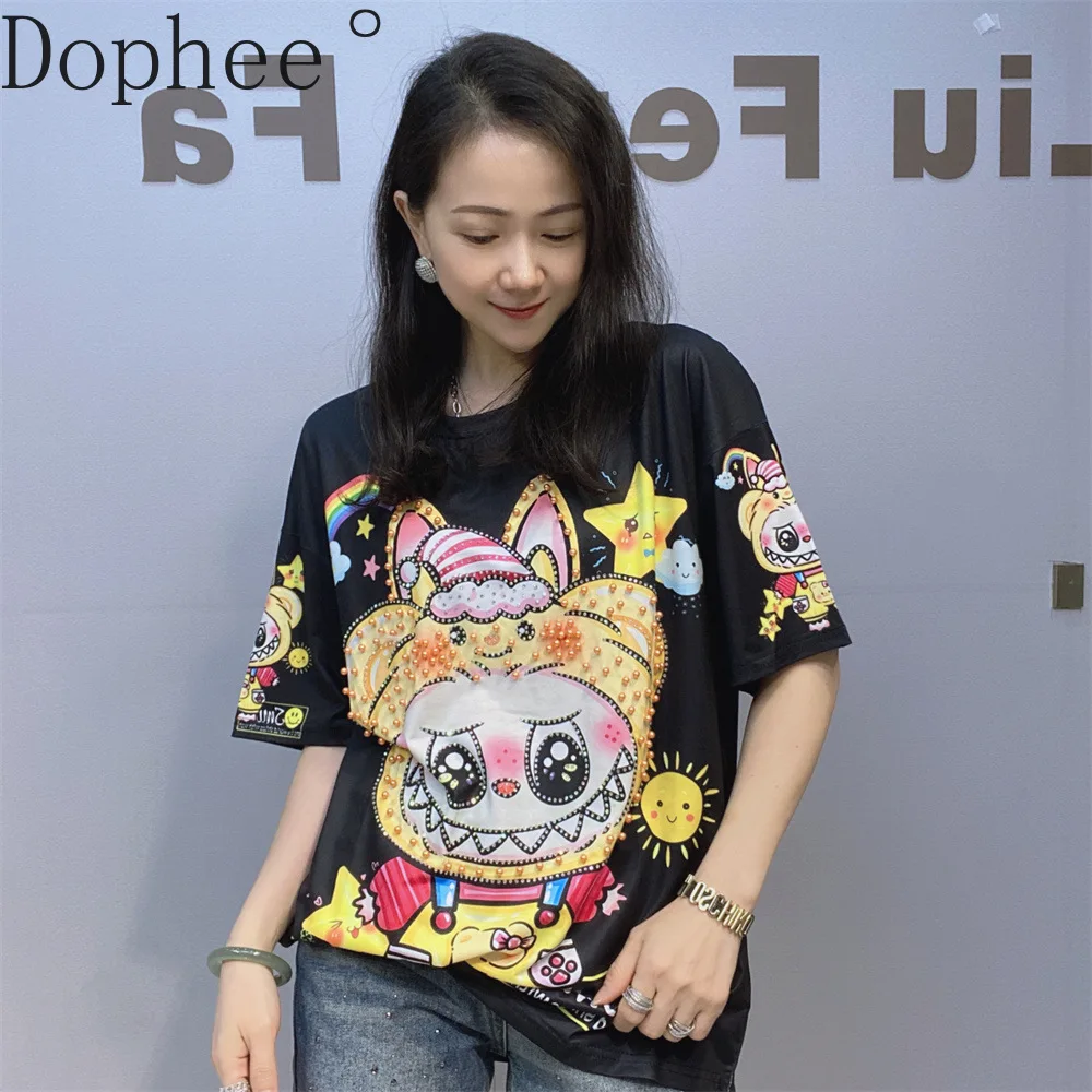 

Age Reduction Cartoon Printed Women Tshirts All-match New Summer Beads Loose O-neck Pullover Top Mid-length Casual Cotton Tees