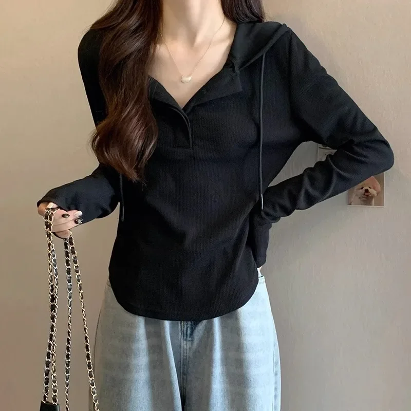 New Women Hooded T-shirts Spring Autumn Solid Colors Single Breasted Tops Long Sleeve Hoodies Slim Casual Tees Bottoming Shirts