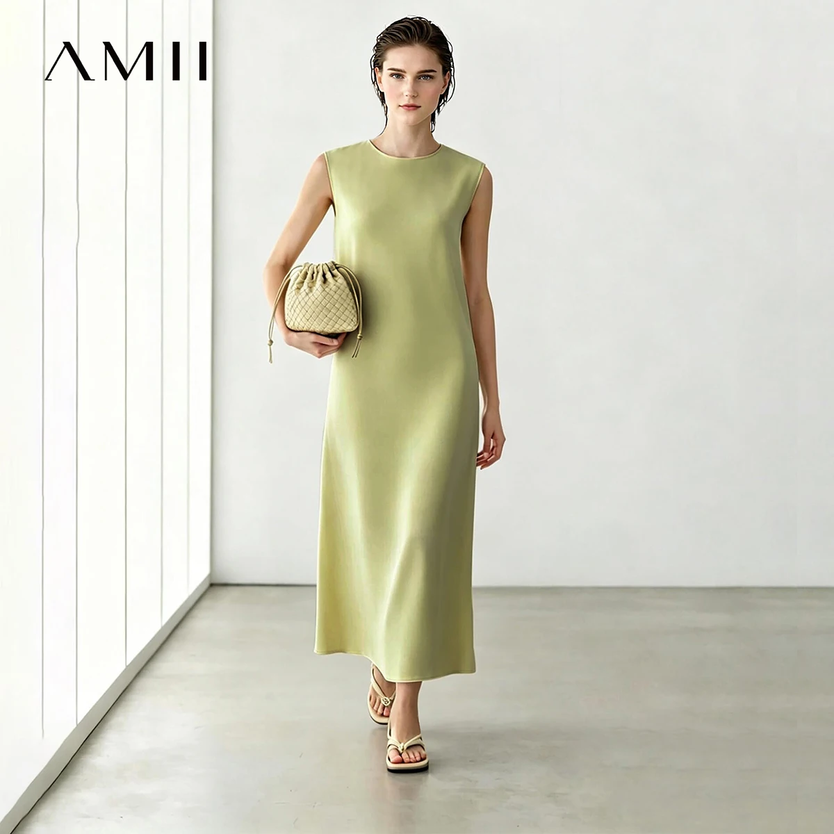 

Amii Women's Dress 2026 Summer New Round Neck Cutout Pleated Acetate Sleeveless Elegant Flowy Long Dress For Women 12652065