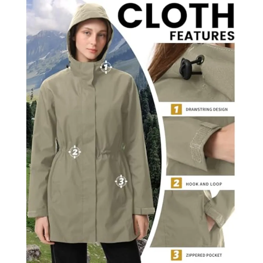 iCreek Women's Rain Jacket Packable Long Raincoat Hooded Plaid Lined Trench Coat Waterproof Windproof Lightweight for Outdoor view 4